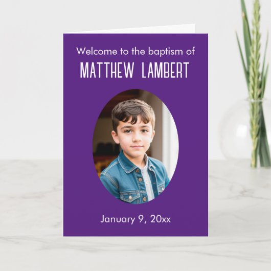 Dunkle Lila Foto Front Polka-Dot geklappte Taufe Programm (Vorderseite)