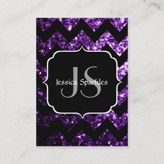 Dunkle Lila Glitzern schwarz Zickzack Monogramm Visitenkarte (Rückseite)