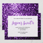 Dunkle lila Glitzern Sweet 16 elegante Schrift Einladung (Vorne/Hinten)
