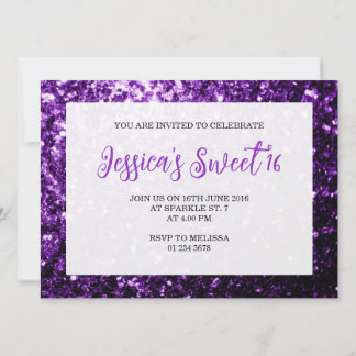 Dunkle lila Glitzern Sweet 16 elegante Schrift Einladung