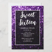 Dunkle lila Glitzern Sweet 16 elegante Schrift