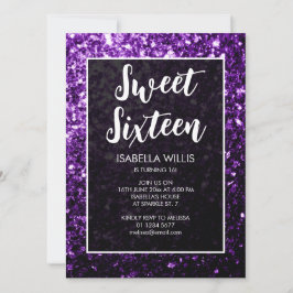 Dunkle lila Glitzern Sweet 16 elegante Schrift Einladung