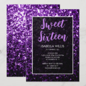 Dunkle lila Glitzern Sweet 16 elegante Schrift Einladung (Vorne/Hinten)