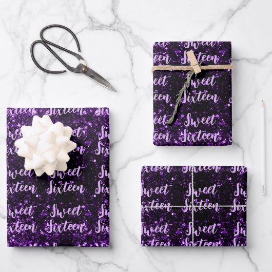 Dunkle lila Glitzern Sweet 16 Skriptmuster Geschenkpapier Set (Vorderseite)