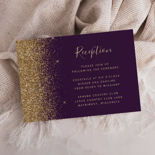 Dunkle Lila Gold Glitzer Hochzeitsempfang Begleitkarte