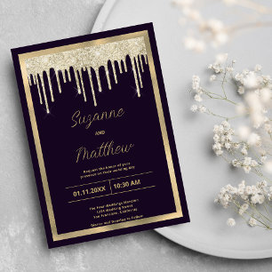 Dunkle lila Gold Luxus-Glitzer-Tropfen Hochzeit Einladung