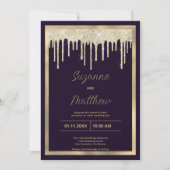 Dunkle lila Gold Luxus-Glitzer-Tropfen Hochzeit Einladung (Vorderseite)