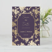 Dunkle Lila Goldflora im eleganten Stil Save the D Einladung (Stehend Vorderseite)