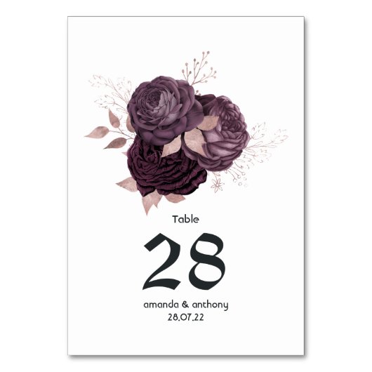 Dunkle Lila Hochzeit und Rose Tischnummer (Vorderseite)