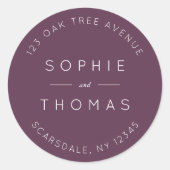 Dunkle Lila Hochzeitsszene Rücksendeadresse Modern Runder Aufkleber (Vorderseite)