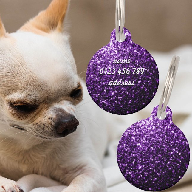 Dunkle Lila Imitate glänzen Glitzer funkeln Persön Tiernamensmarke (Dark Purple faux shiny glitter sparkle Personalized text Pet Tag)
