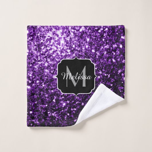 Dunkle Lila Imitate glänzen Glitzer Glitzern Monog Badhandtuch Set (Waschlappen)