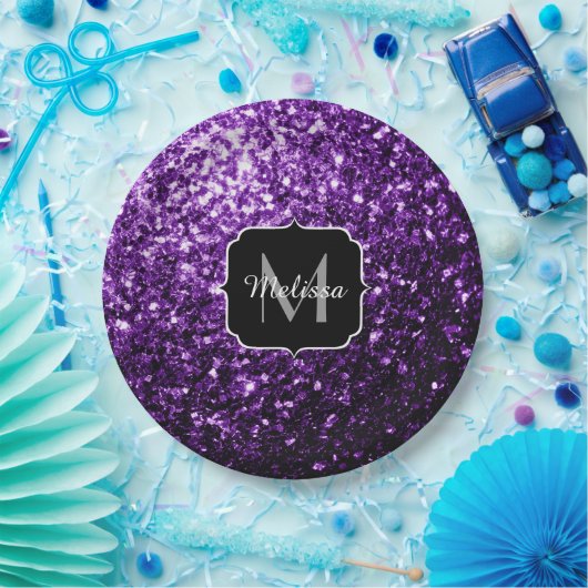 Dunkle Lila Imitate glänzen Glitzer Glitzern Monog Pappteller (Party)