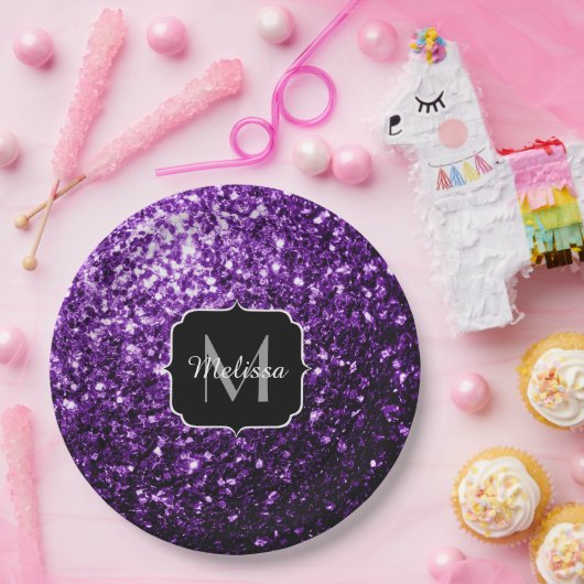 Dunkle Lila Imitate glänzen Glitzer Glitzern Monog Pappteller (Party)