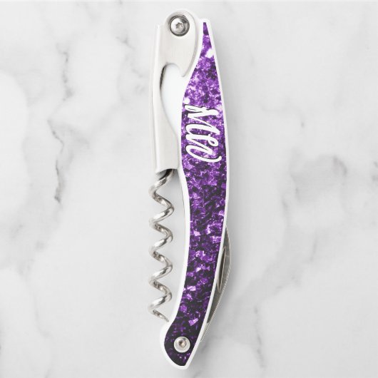 Dunkle lila Imitate Glitzer Glitzern Monogram Kellnermesser (Vorderseite)