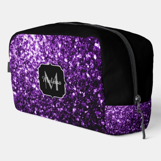 Dunkle lila Imitate Glitzer Glitzern Schwarze Mono Waschbeutel (Rechte Ecke)