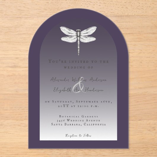 Dunkle Lila Libellenhochzeit Acryleinladungen (Vorderseite)