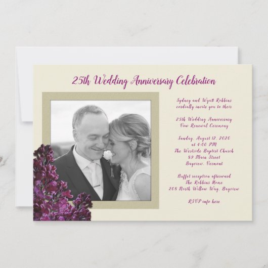 Dunkle Lila Lilac Foto Hochzeit Anniversary Vows Einladung (Vorderseite)
