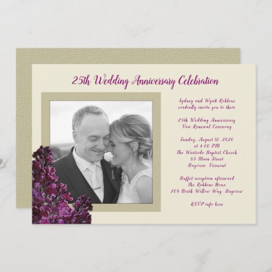 Dunkle Lila Lilac Foto Hochzeit Anniversary Vows Einladung (Vorne/Hinten)