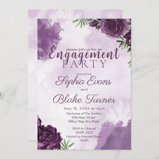 Dunkle Lila Rose Blumengotik-Engagement-Partei Einladung (Vorne/Hinten)