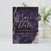 Dunkle Lila Rose Gold Agate Marble Foto auf der Rü Save The Date (Stehend Vorderseite)