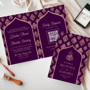 Dunkle Lila-Rose-Gold-Damask-Bogen-QR-Code Muslimi Einladung
