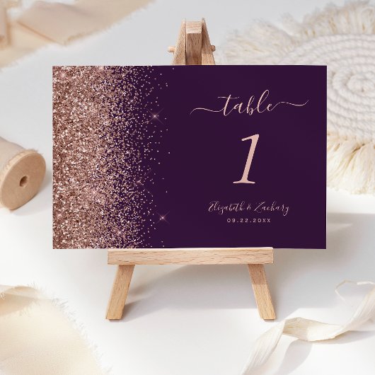 Dunkle Lila Rose Gold Glitzer Edge Wedding Tischnummer