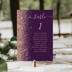 Dunkle Lila Rose Gold Glitzer Hochzeit Tischnummer