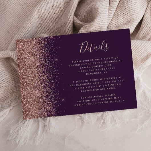 Dunkle Lila Rose Gold Glitzer Hochzeitdetails Begleitkarte