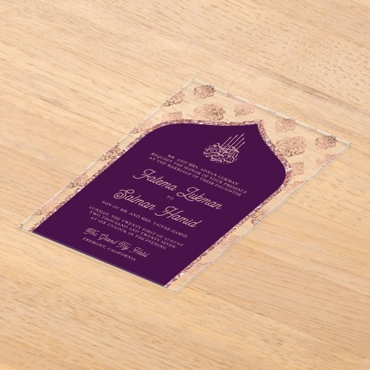 Dunkle Lila Rose Goldmedaille-Arch-Muslime-Hochzei Acryleinladungen (Ablage )