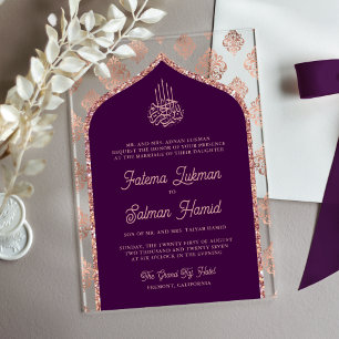 Dunkle Lila-Roségold-Damask-Bogen Muslimische Hoch Acryleinladungen
