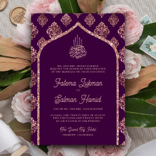 Dunkle Lila-Roségold-Damask-Bogen Muslimische Hoch Einladung