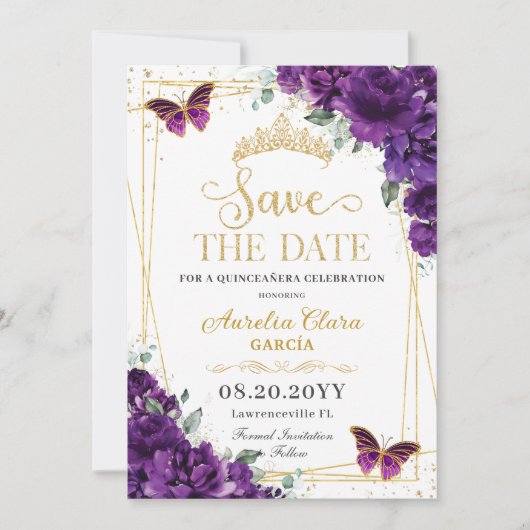 Dunkle Lila Schmetterlinge Gold Quinceanera Sweet  Save The Date (Vorderseite)