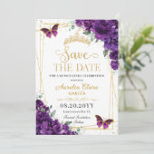 Dunkle Lila Schmetterlinge Gold Quinceanera Sweet Save The Date (Stehend Vorderseite)