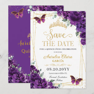 Dunkle lila Schmetterlinge Gold Quinceanera Sweet Save The Date