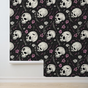 Dunkle Lila Schwarz-Schädel-Rosa-Blume Gothic Tapete