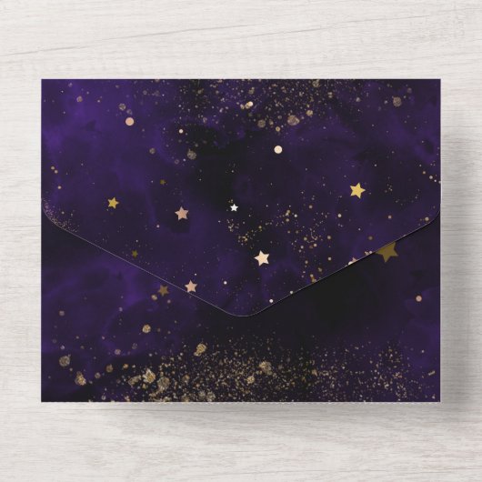 Dunkle Lila Schwarz-Zaubergoldene Hochzeit All In One Einladung (Rückseite)