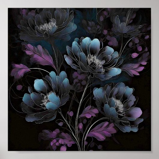Dunkle lila und blaue Blumenkunst Poster (Vorne)