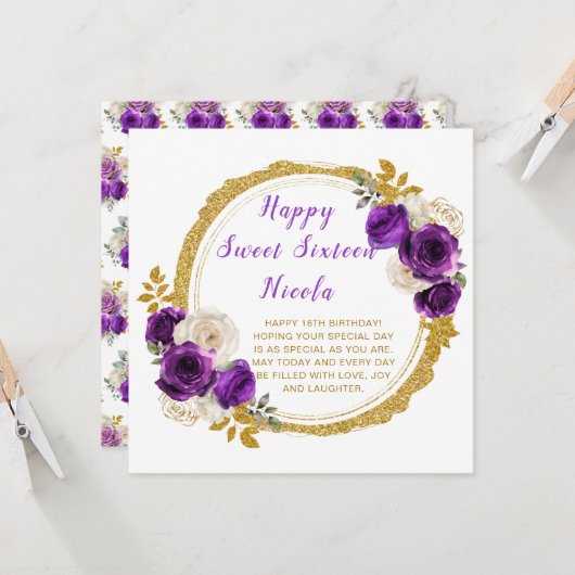 Dunkle Lila und Gold Elegante Blume 16 . Geburtsta Karte (Vorderseite/Rückseite Beispiel)