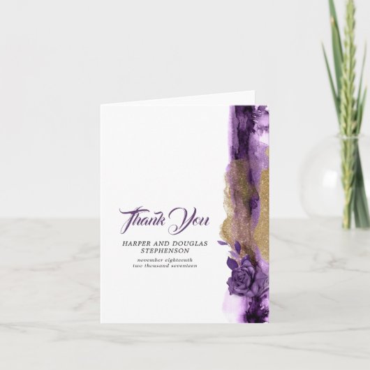 Dunkle Lila und Gold Glitzer Hochzeit Vielen Dank Dankeskarte (Vorderseite)