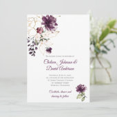 Dunkle Lila und goldblütige Winterhochzeit Einladung (Stehend Vorderseite)