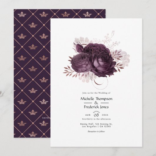 Dunkle Lila und Rose Gold Floral Wedding QR Code Einladung (Vorne/Hinten)