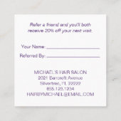 Dunkle lila verzierte weiße empfehlungskarte (Rückseite)