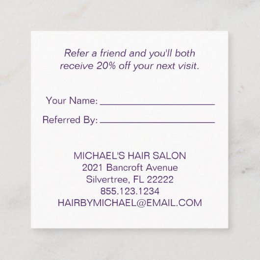 Dunkle lila verzierte weiße empfehlungskarte (Rückseite)