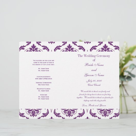 Dunkle Lila Vintage Damaskus-Hochzeitsprogramm (Stehend Vorderseite)