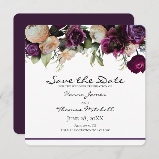 Dunkle Lila Vintage romantische Blumenhochzeit Save The Date (Vorne/Hinten)
