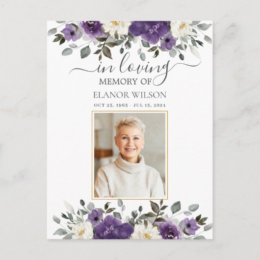 Dunkle Lila Weiße Foto Beerdigung Gedenkstätte Postkarte (Vorderseite)