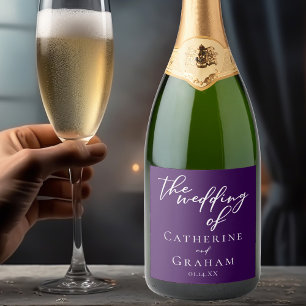 Dunkle Lila weiße Typografie Personalisierte Hochz Schaumweinetikett