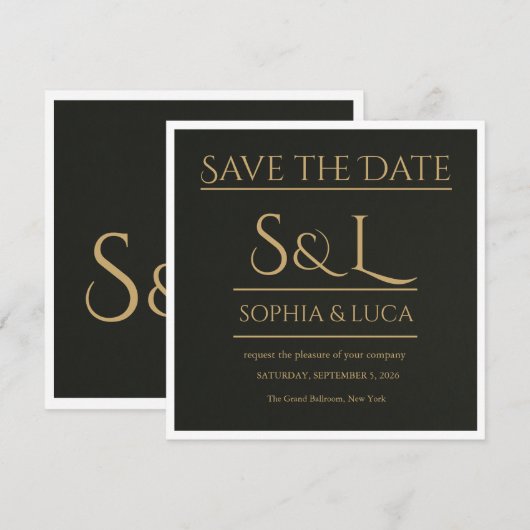Dunkle Luxus-Monogramm-Karte zur Vorabankündigung Save The Date (Vorne/Hinten)