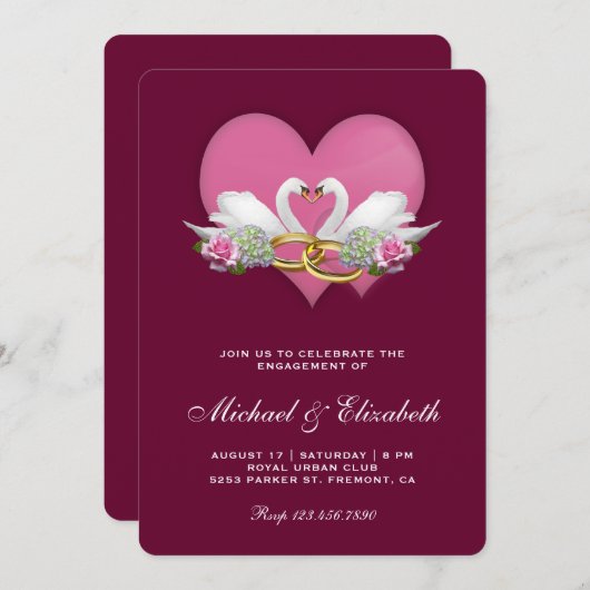 Dunkle Magenta Romantische Schwäne-Engagement-Part Einladung (Vorne/Hinten)